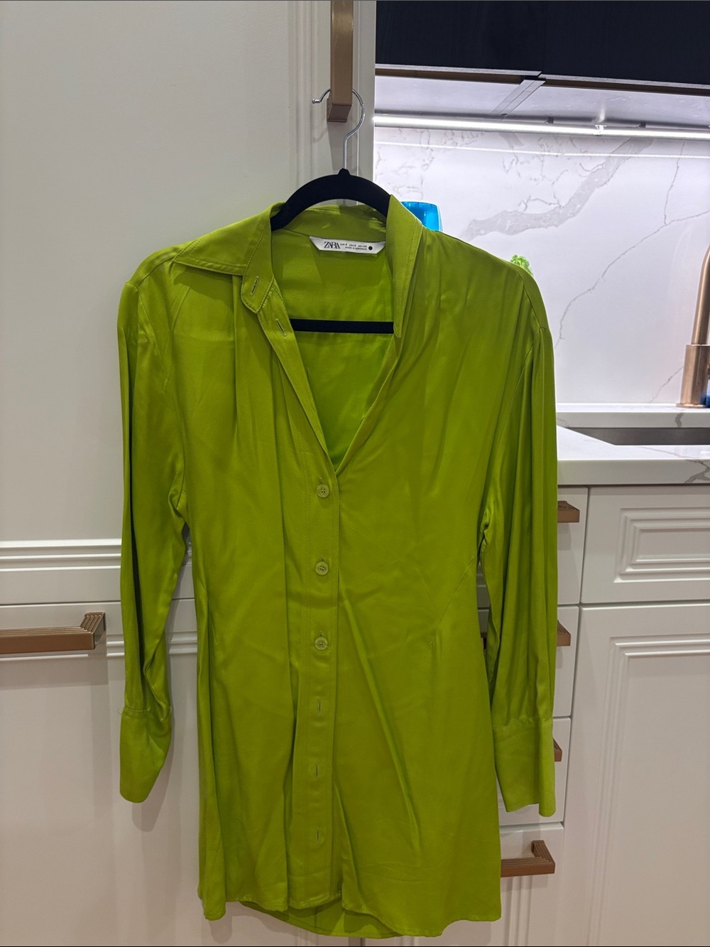 Zara Bright Lime Green Satin Button-Down Shirt